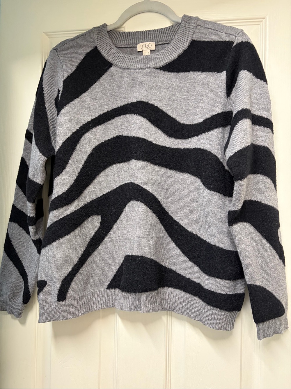 LOFT Grey Crewneck Sweater with Black Wave Pattern